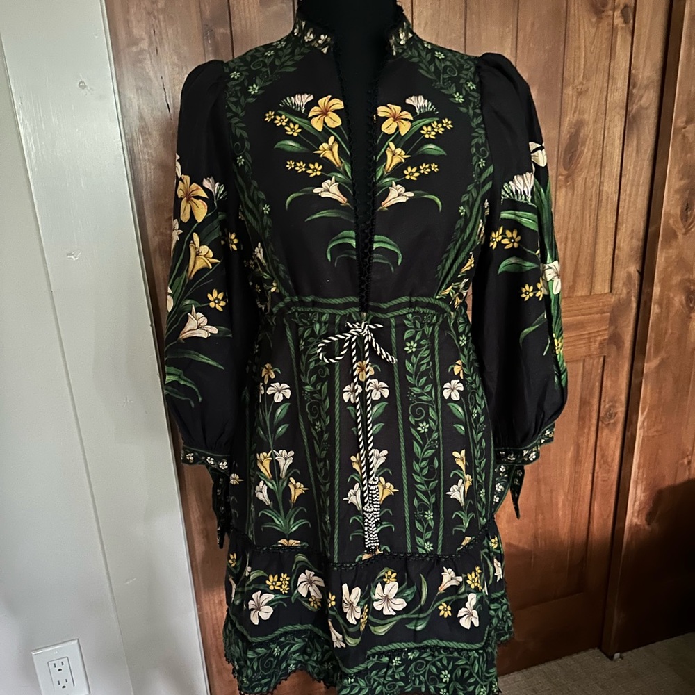 FARM Rio Arch Linen Black and Green Floral Long Sleeve Mini Dress